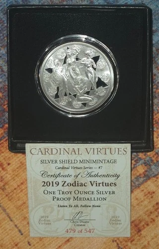 ZODIAC VIRTUES 1oz Proof #7 in Series 2019 Silver Shield COA #479/547  BRAND NEW