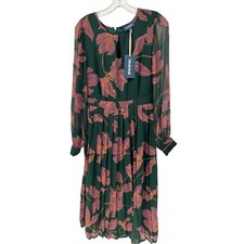 ModCloth Green Floral Pleated Midi Dress Long Sheer Sleeve Keyhole Size 6 NWT