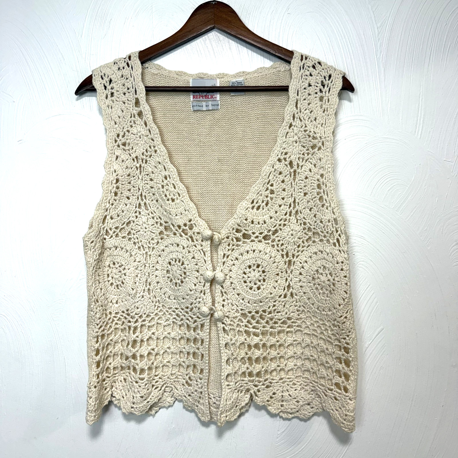 Vintage Republic Women's 90s Beige Cotton Blend Hand Knitted Crochet Vest Large