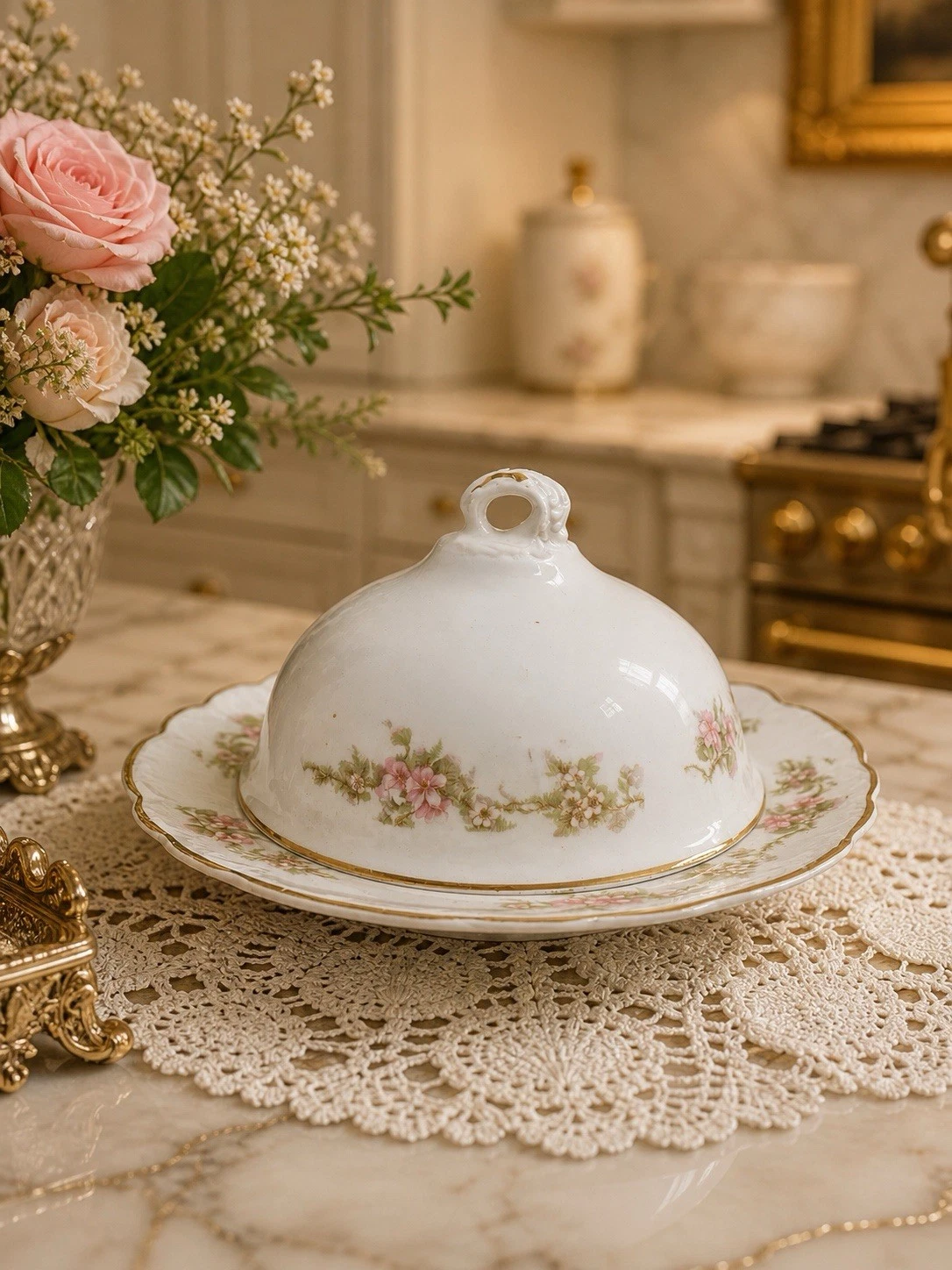 Antique Homer Laughlin Hudson Covered Butter Dish White Gold W Pink Floral