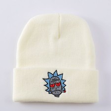 Embroidered Rick and Morty White Cotton Cuffed Knit Beanie Hat Brand New