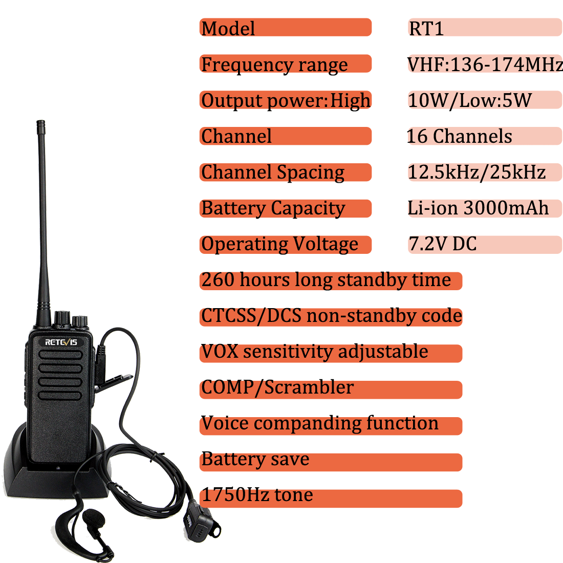 2XRETEVIS RT1 Walkie Talkie 10W VHF136-174 MHz Scrambler 1750Hz FM 2Way Radio