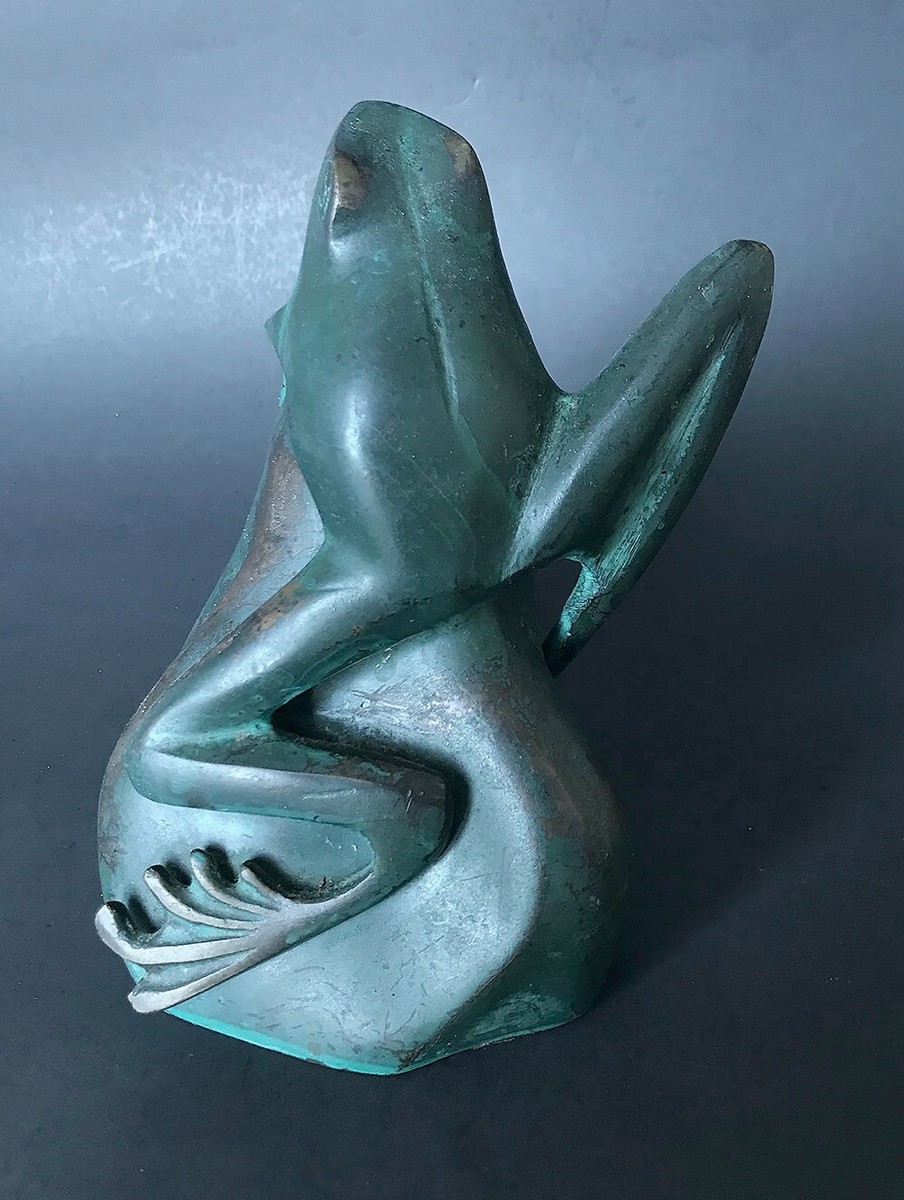 Green Patina'd Bronze Metal Frog on Rock Statue Marshall