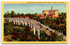 Pasadena California Colorado Street Bridge Cars Buildings Vintage Linen Postcard