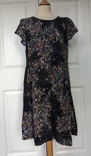 SET BLACK MICRO FLORAL PRINT CHIFFON DRESS SIZE 14 EXCELLENT CONDITION