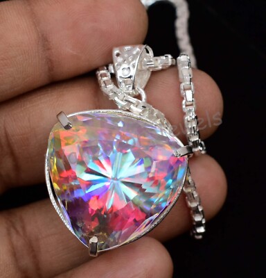 28Gm Natural Mystic Quartz 925 Sterling Silver Pendant With Chain