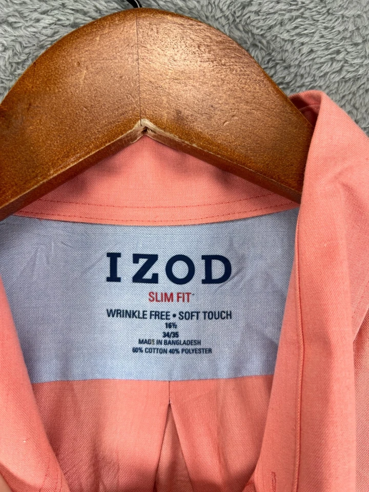 Mens 16.5 34/35 Slim Shirt IZOD Pink Button Up Long Sleeve Wrinkle Free Soft - Image 2 of 4