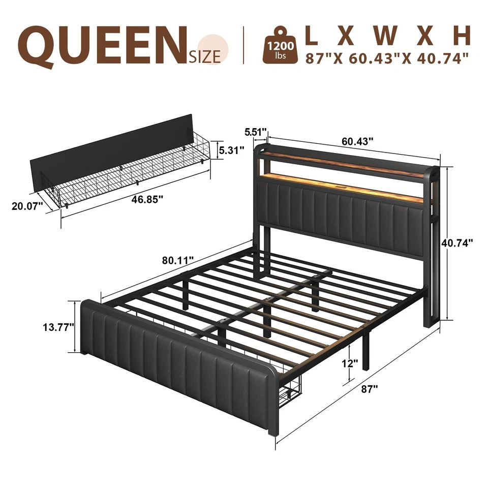 Full Queen Size Bed Frame with 2-Tier Storage Headboard and Storage Drawers - Image 4 of 4