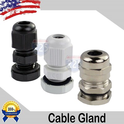 NPT14 - NPT34 Black/White/Brass Tight Cord Grip Cable Gland w/ Lock-Nut & Gasket