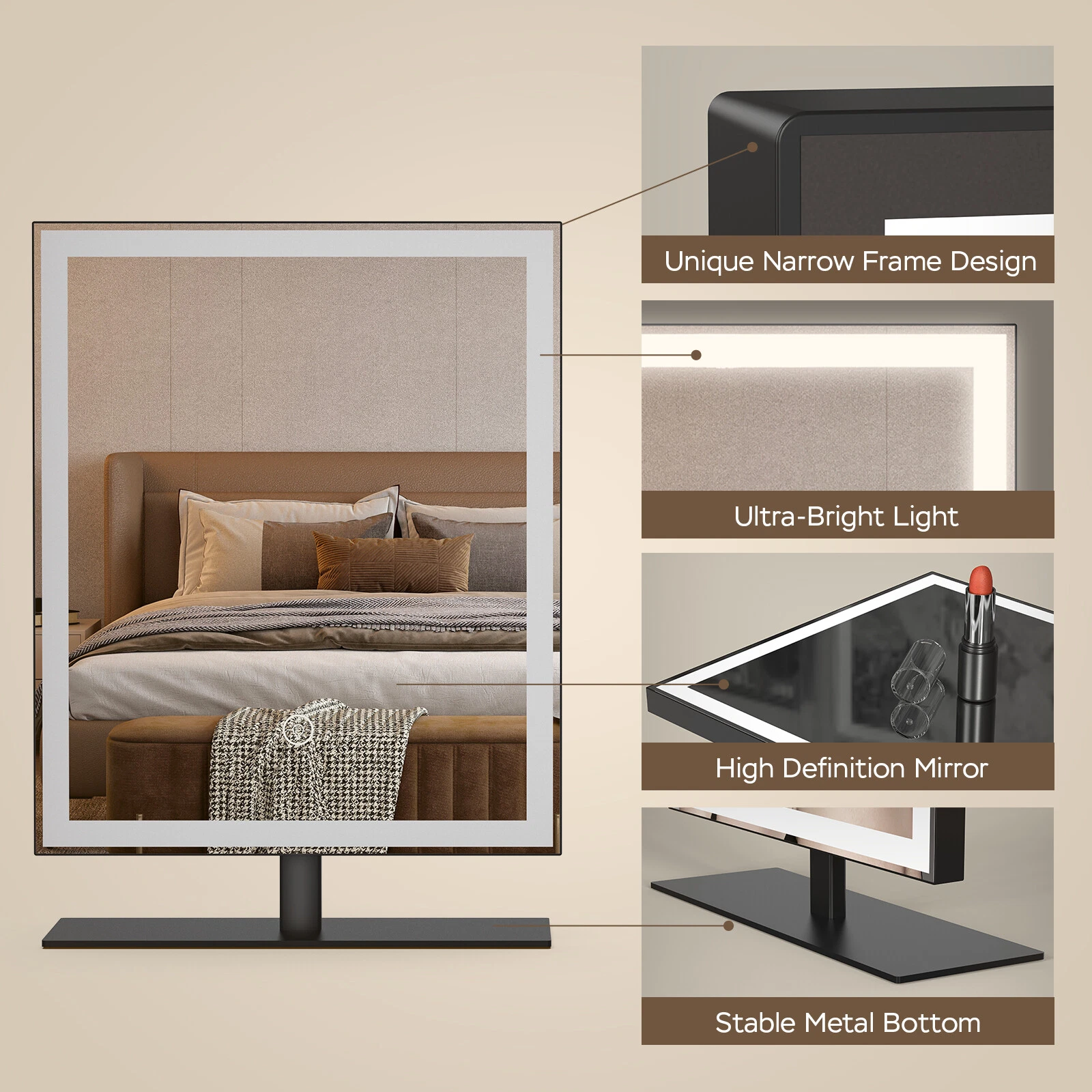 LED Makeup Mirror with Lights,3 Colors Dimmable Touch Hollywood Vanity 12" Black - Picture 5 of 7