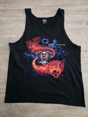 Vintage 90s Harley Davidson Tank Top T-shirt Sz L V Twin Wolf Pack Flames 1995