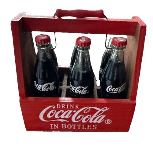 Vintage Mini 6 Pack Coca-Cola Bottles In Wooden Carrier Bottles capped with Coke