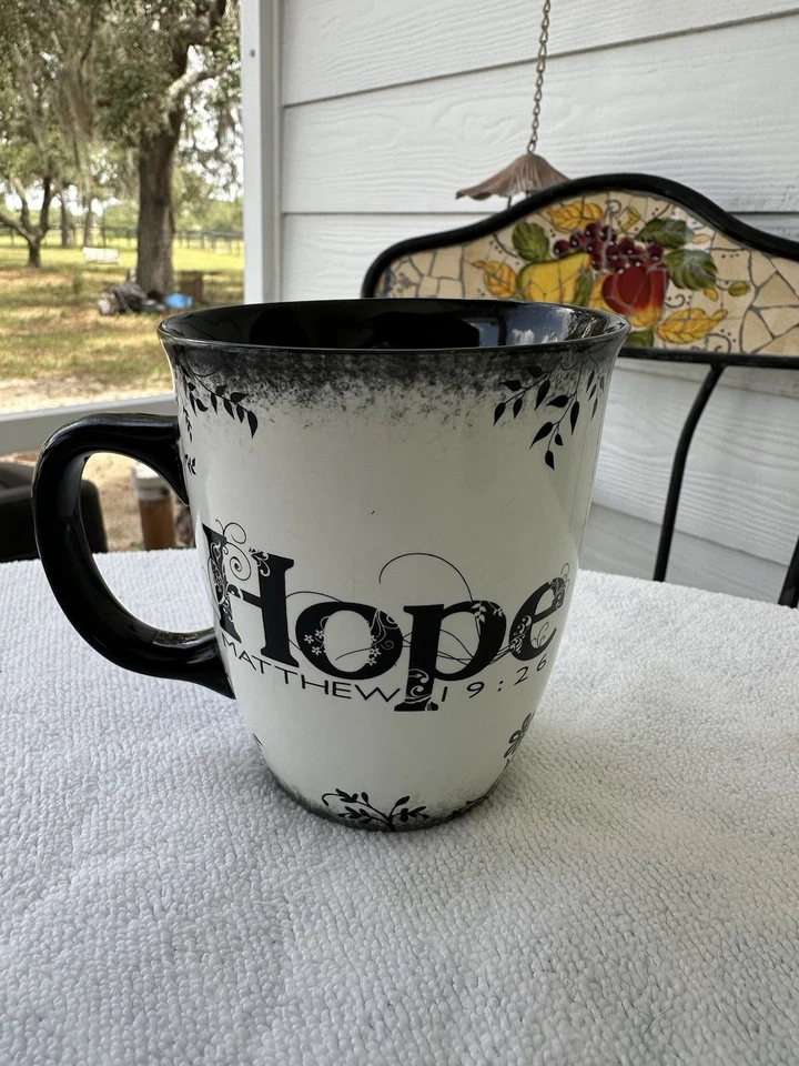 Coffee Mug LARGE Cup Of HOPE Black White Bible Verse Truth Carson Matthew 19:26 - Image 3 of 4