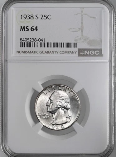 1938-S 25C WASHINGTON SILVER QUARTER SAN FRANCISCO MINT  NGC MS64 #8405238-041