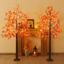 Fall Tree with Lights, 2 Pack 6FT Lighted Maple Tree, Prelit Artificial Tree ...