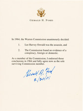 Gerald Ford Warren Commission Statement Signed