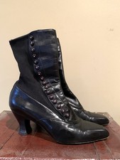 RARE Vintage Victorian Style Stuart Weitzman Black Leather Boot Heels Button Up