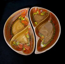 California pottery serving dish round 13" Yin Yang tray retro 60s orange gold