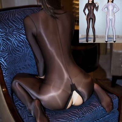 2-Way Zipper Catsuit See Through Shiny Glossy Lingerie Bodysuit Jumpsuit Women