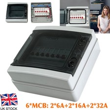 Consumer Unit 6 Way w/RCD 63A 30mA and 2 Each MCBs 6A 16A 32A Plastic IP65 UK