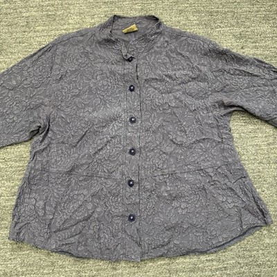 URU Shirt Women One Size Blue Silk Jacquard Floral Button Up 3/4 Sleeve USA Top