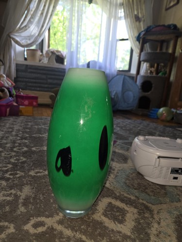 Handmade In Poland Blown Glass Vase Vibrant Green and Black Abstract Design