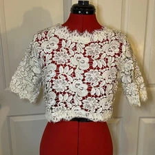 San Joy White & Gold Lace Cropped Short Sleeve Top Floral Womens Large