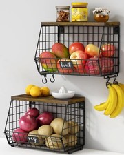 2-Pack Wall Mount Stackable Wire Storage Baskets w/ Wood Top, Hooks, Black