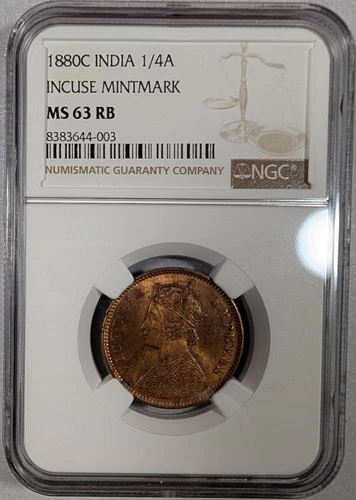 1880C Indian India 1/4 Anna Incuse Mintmark NGC MS63 RB