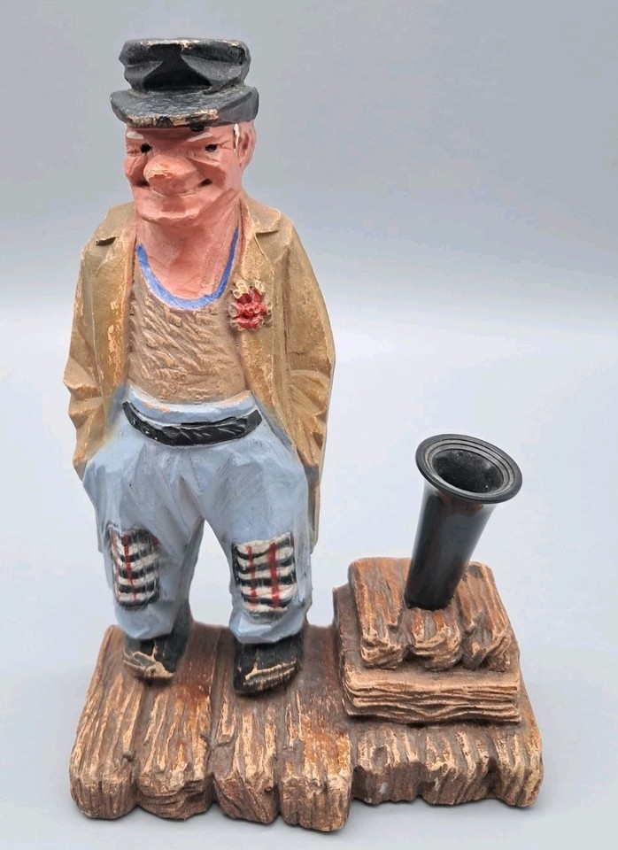 A Syroco-style resin hobo/tramp figure pen holder — weird, wonderful folk-art energy that will confuse and delight every desk visitor.