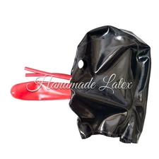 Latex Hood Mask Open Eyes 15cm Long Nose tube and red mouth Sheath Fetish Mask