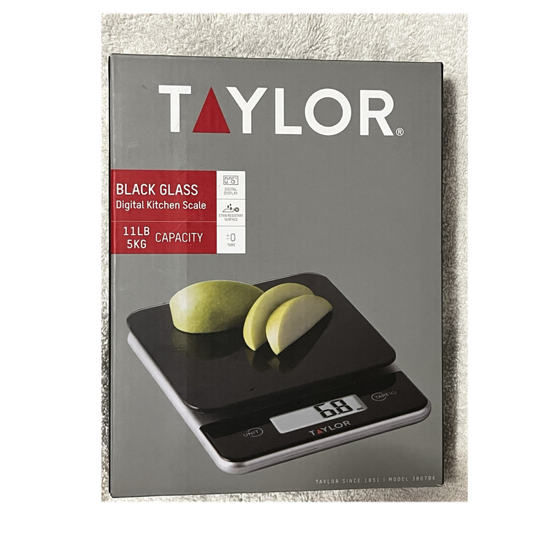 NIB Taylor Black Glass Digital Kitchen Scale 11 lb, Tare/Unit Convert, 3807BK21