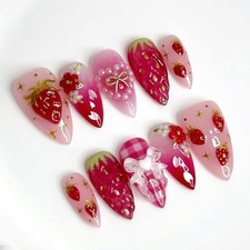 24Pcs Strawberry Flower Press on Nails Medium Almond Fake Nails Colorful -28