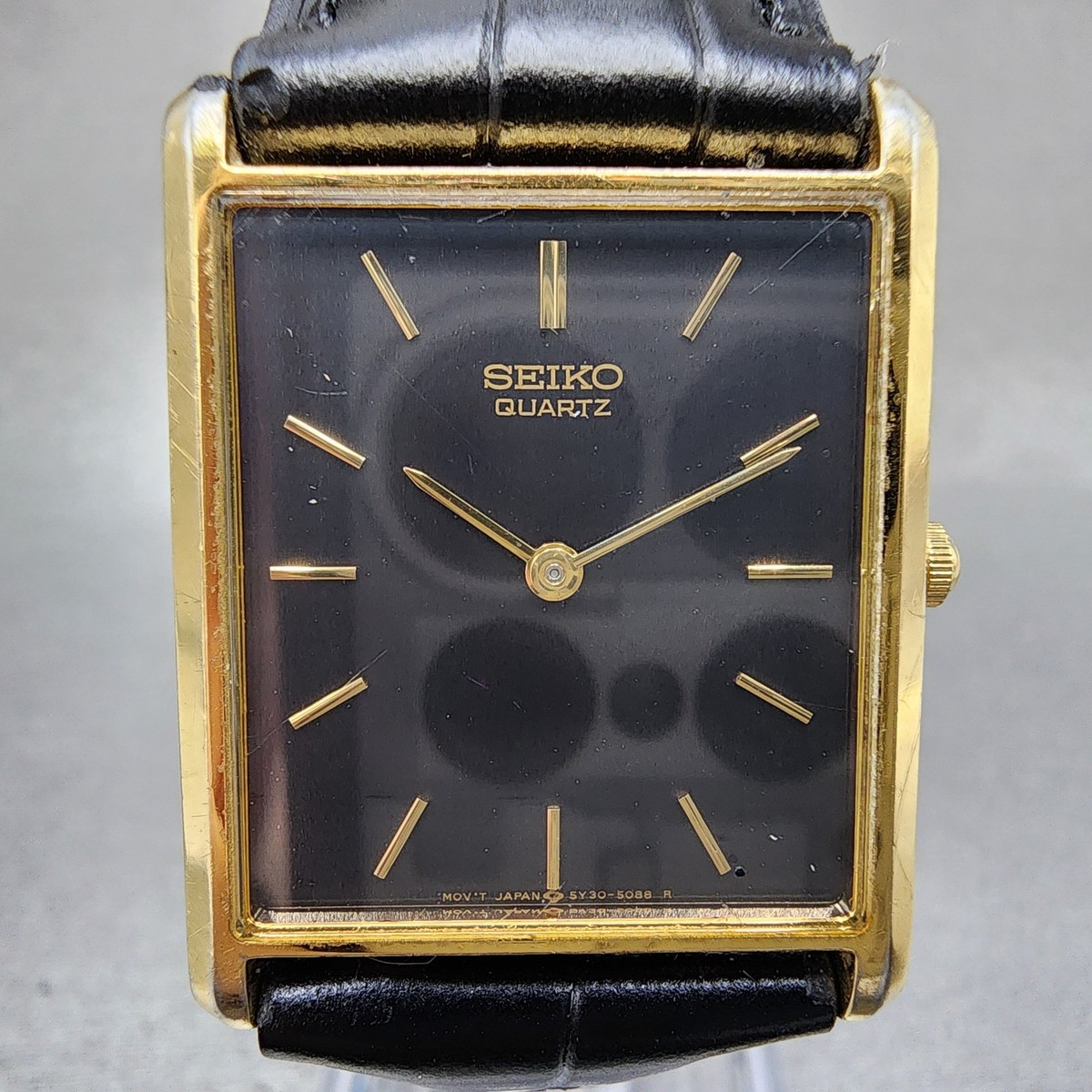 Seiko Tank Watch Men 25mm Black Dial Gold Tone Rectangle 5y30-5069