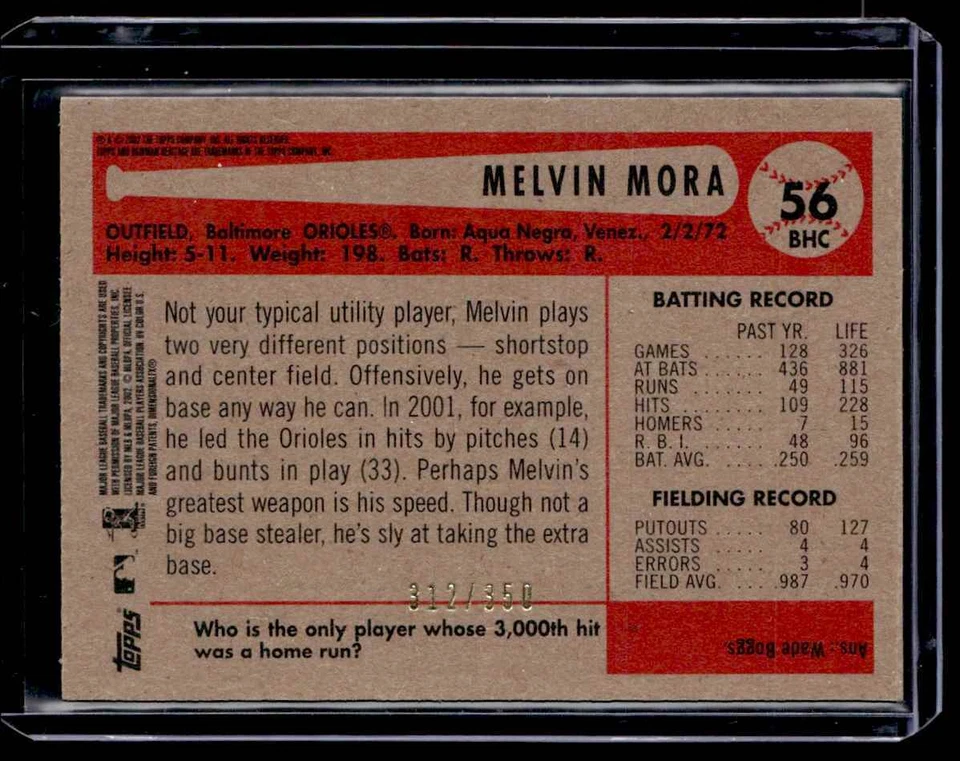 2002 Bowman Heritage Chrome Refractor Melvin Mora 312/350 Baltimore Orioles #56 - Image 2 of 2