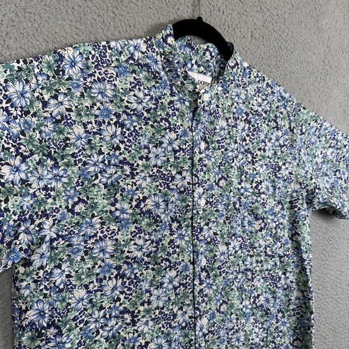Luxire Shirt Mens Large Blue Green Floral Button Up Short Sleeve Cotton Collared - Picture 3 of 8