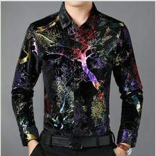Uomo Velluto Camicie Casual a Maniche Lunghe Floreale Pleuche Top Formale Affari
