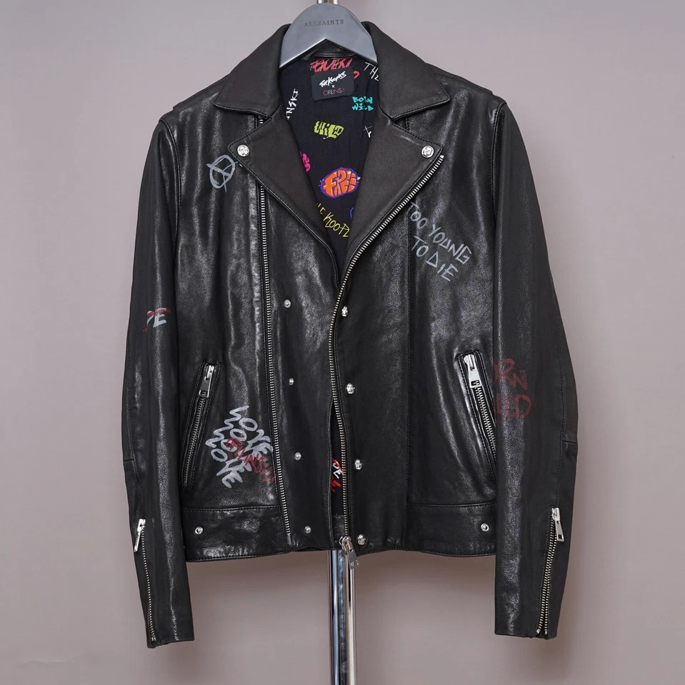 THE KOOPLES Leather Jacket SMALL Mens Black Biker Orlinski Graffiti Tag Punk Art - Image 4 of 4