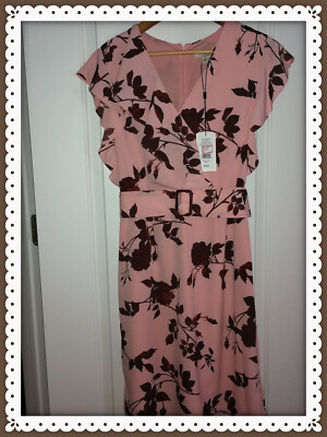H  Halston Dress NEW  Pink Floral Silhouette Ruffle Sheath  with Tags Sz M