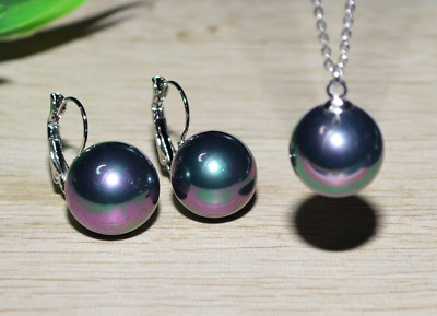 PERLEN SET 16mm Muschelkernperle schwarz AB Kette Anhänger Ohrringe Ohrhänger 