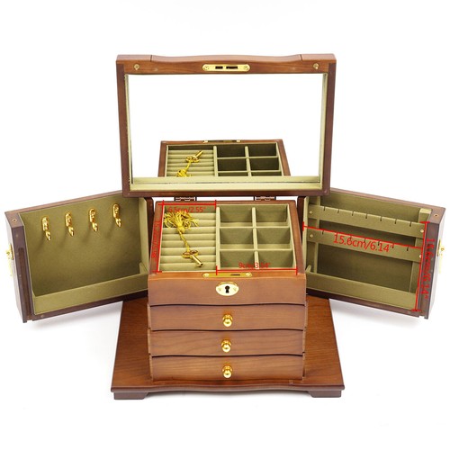 Antigua caja organizadora de joyas de madera grande collar relojes anillos estuche de almacenamiento - Imagen 7 de 12