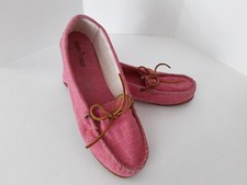 Minnetonka Pink Canvas Slip On Moccasins Casual Women's Size 11 Hard Sole