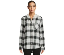 Time and Tru Women’s Button Down Hooded Flannel Shirt, Black Soot, Size L 12-14