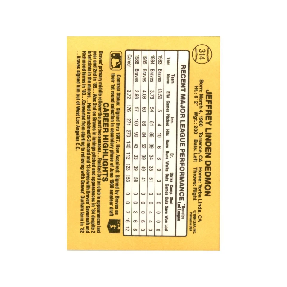 1987 Donruss Jeff Dedmon Baseball Cards #314 - Image 2 of 3