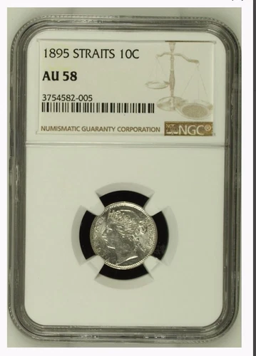 1895 Straits Settlements Queen Victoria 10 Cents Silver Coin NGC AU 58