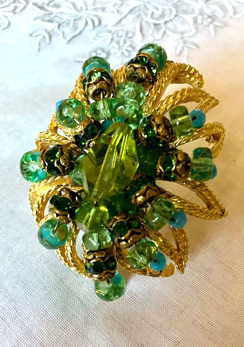 Signed HATTIE CARNEGIE Gold Tone FLOWER BROOCH with Turquoise and Green Stones