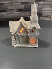 White Glittered Lighted Church 8in Tall W/5.5x3.5 Base