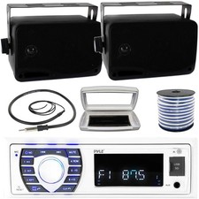 Pyle Single-DIN Marine MP3 Radio W/White Cover, 2x 3.5'' Indoor/Outdoor Speakers