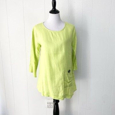 Ali Miles Top Women's S Lime Green 100% Linen Tunic Lagenlook Asymmetric Beachy