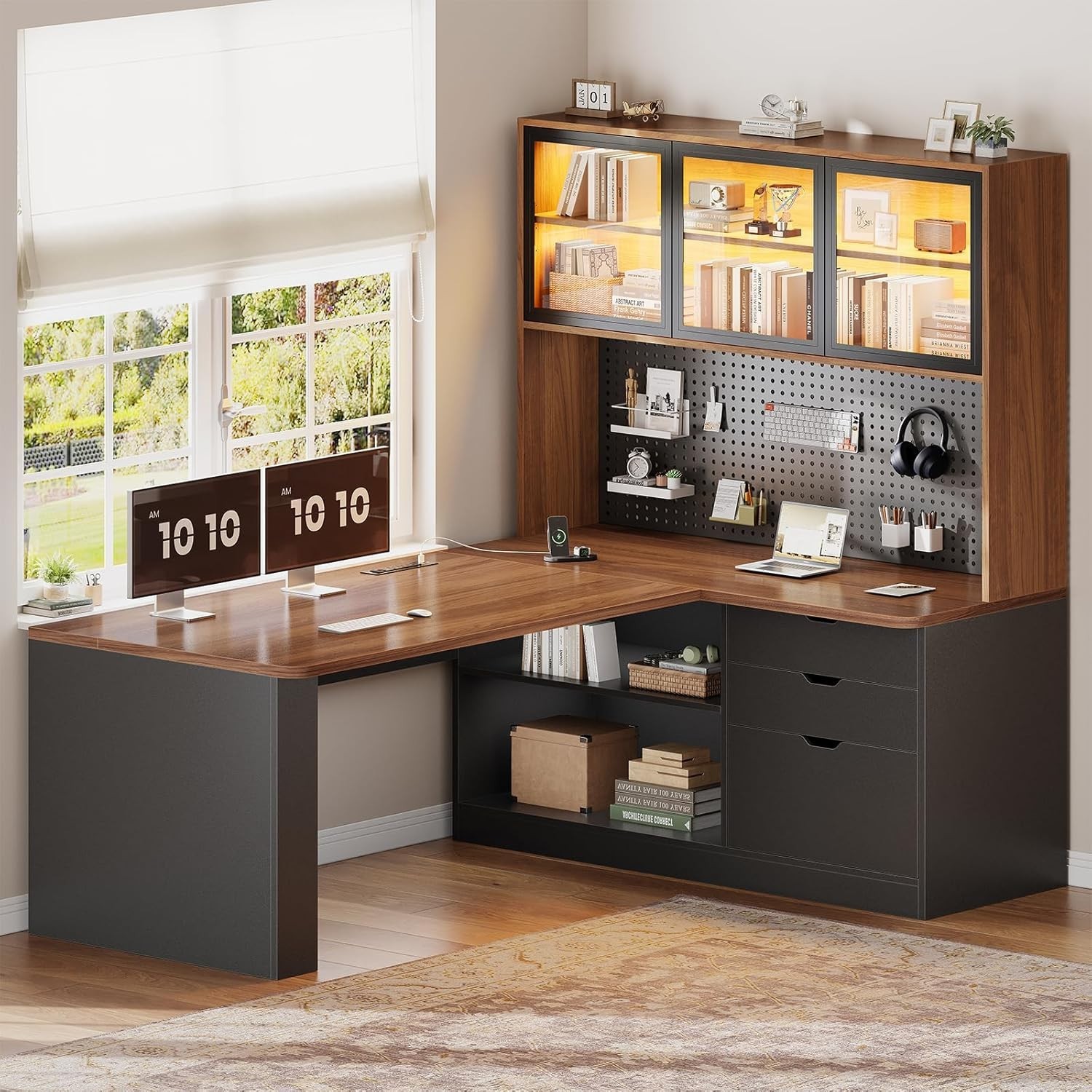 L Shaped Office Desk, Corner Computer Desk with 3 Drawers, Bookshelf & LED Light